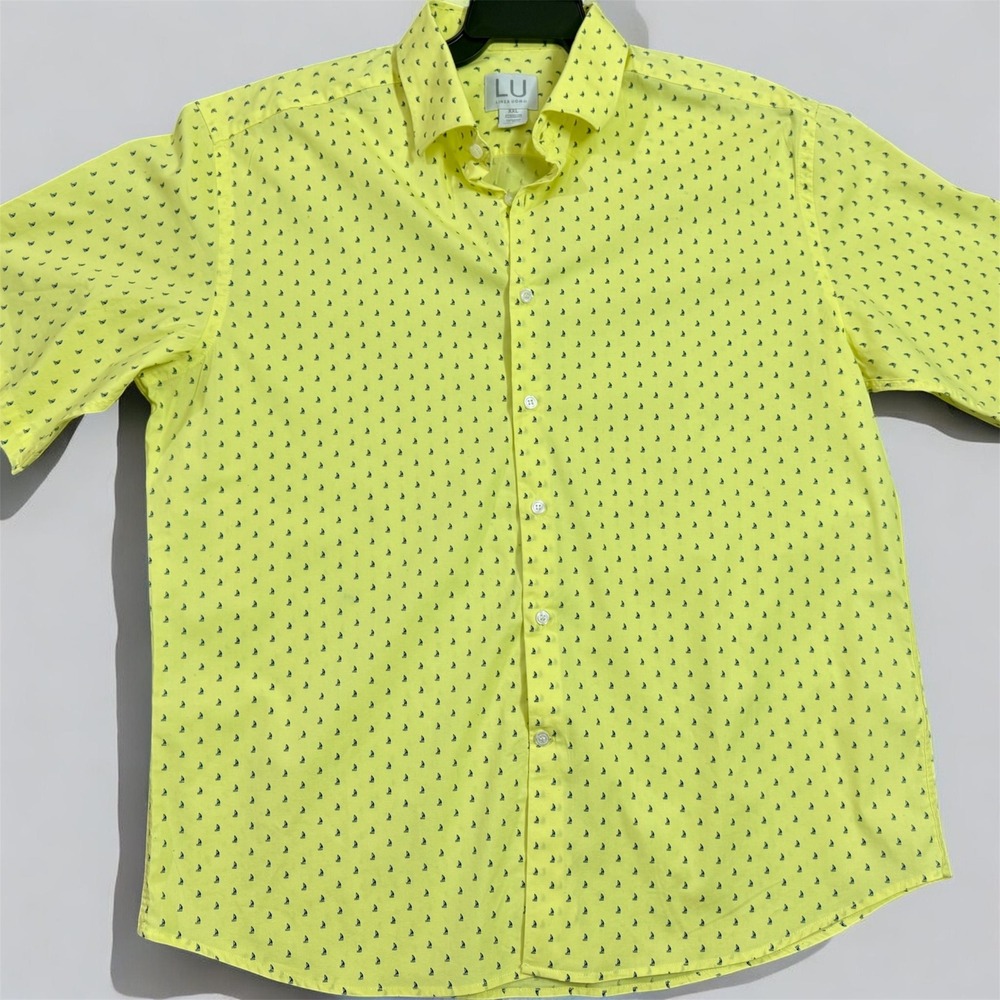 Linea Uomo Mens XXL Neon Yellow Sailboat Print Short Sleeve Button Down Shirt